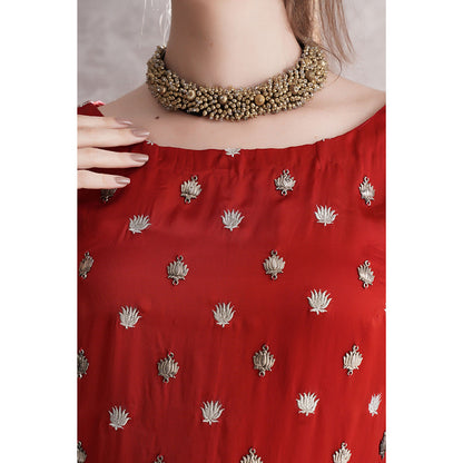 THE SILK LOVE Womens Silk Embroidered Red Kurti with Pant