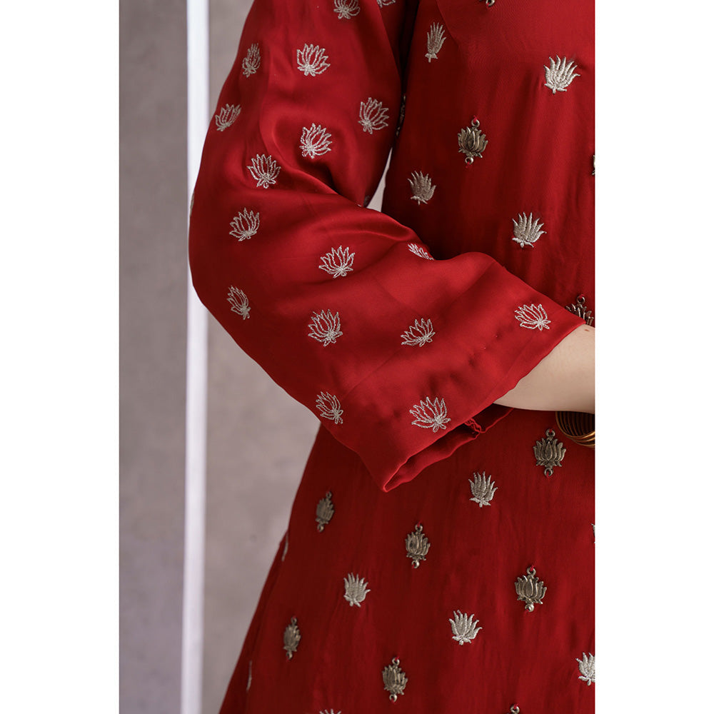 THE SILK LOVE Womens Silk Embroidered Red Kurti with Pant