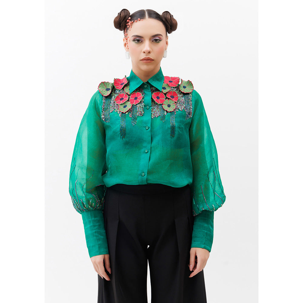 THE SILK LOVE Women Organza Sequined Black Shirt