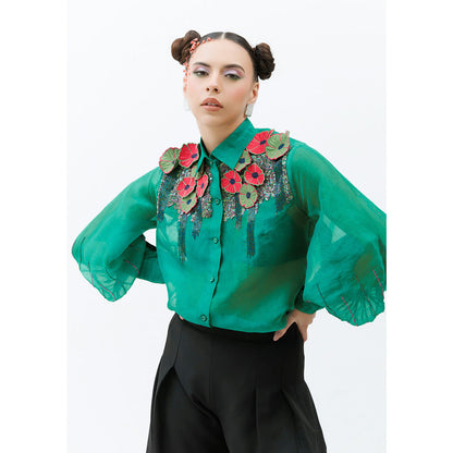 THE SILK LOVE Women Organza Sequined Black Shirt