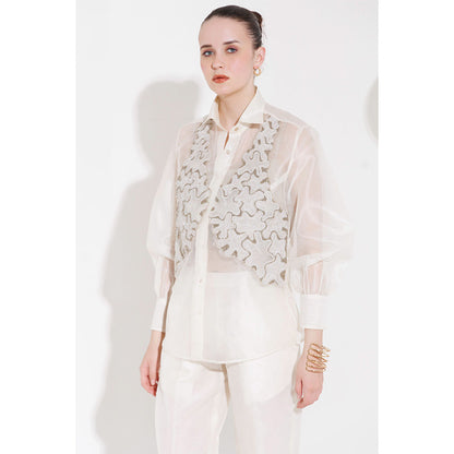 THE SILK LOVE Women Organza Embroidered White Shirt