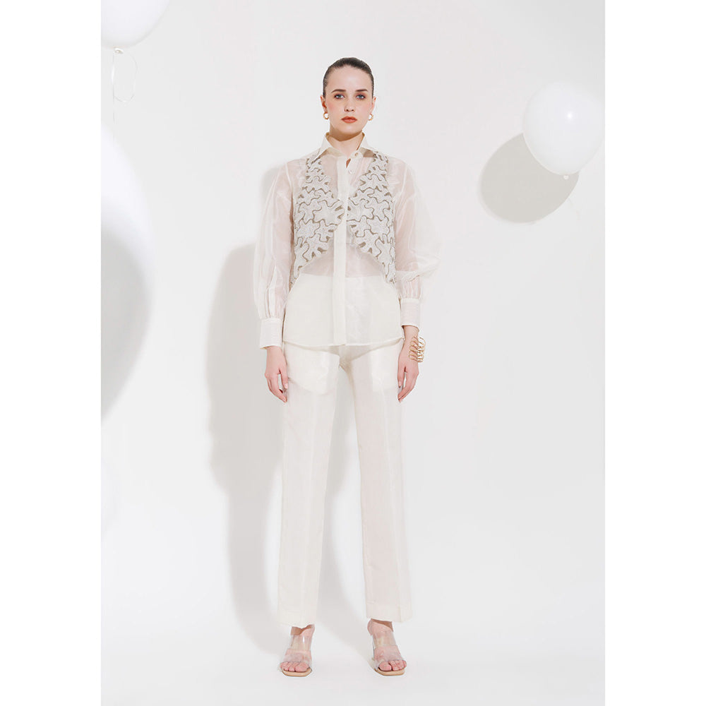 THE SILK LOVE Women Organza Embroidered White Shirt