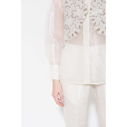 THE SILK LOVE Women Organza Embroidered White Shirt
