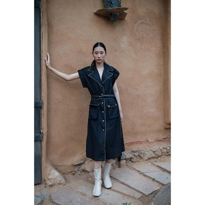 The Terra tribe Black Harajuku Trench Coat Dress with Belt (Set of 2)