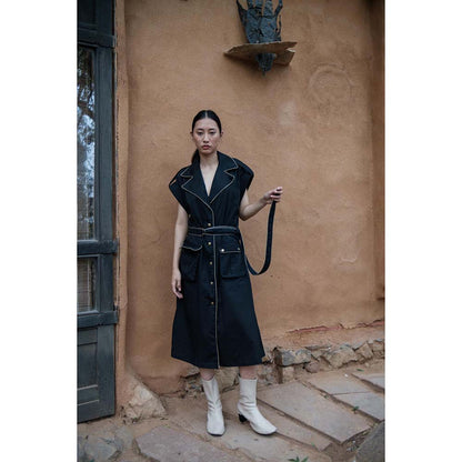 The Terra tribe Black Harajuku Trench Coat Dress with Belt (Set of 2)