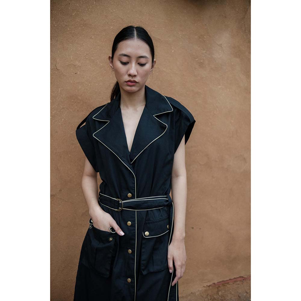 The Terra tribe Black Harajuku Trench Coat Dress with Belt (Set of 2)