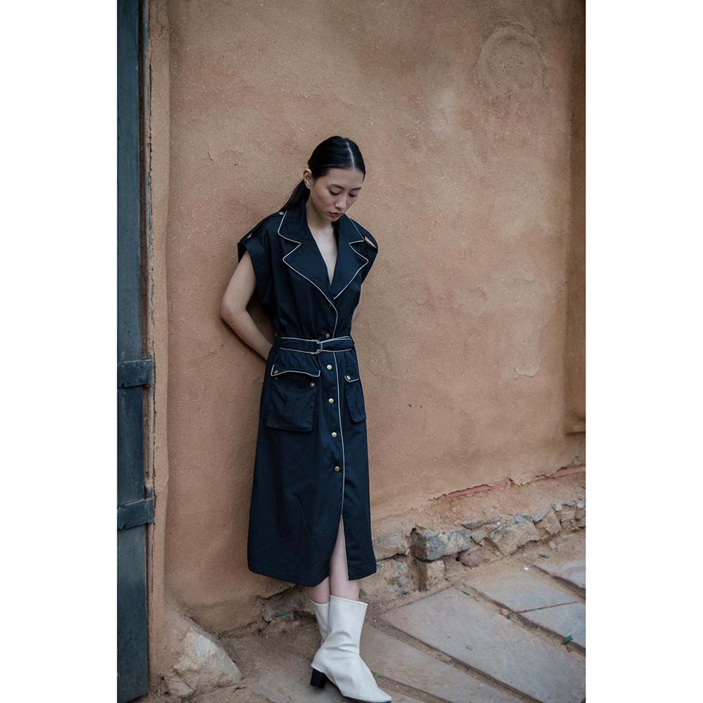 The Terra tribe Black Harajuku Trench Coat Dress with Belt (Set of 2)