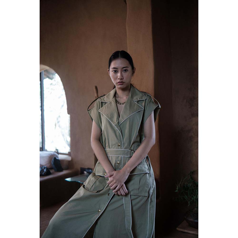 The Terra tribe Khaki Harajuku Trench Coat Dress with Belt (Set of 2)