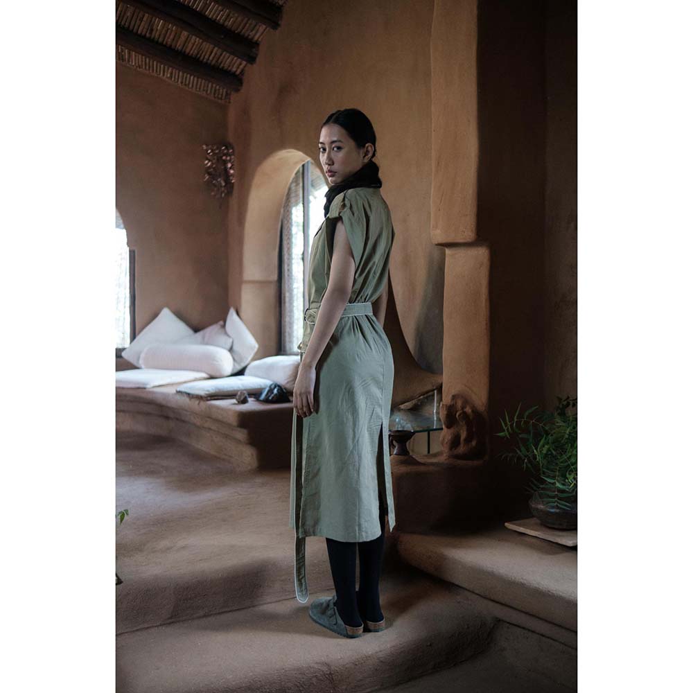 The Terra tribe Khaki Harajuku Trench Coat Dress with Belt (Set of 2)