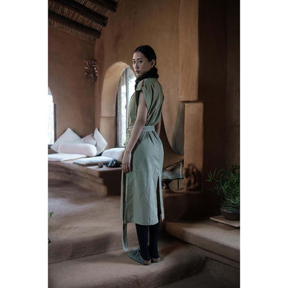 The Terra tribe Khaki Harajuku Trench Coat Dress with Belt (Set of 2)