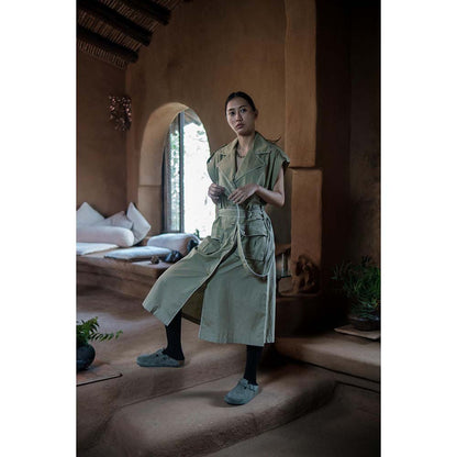 The Terra tribe Khaki Harajuku Trench Coat Dress with Belt (Set of 2)