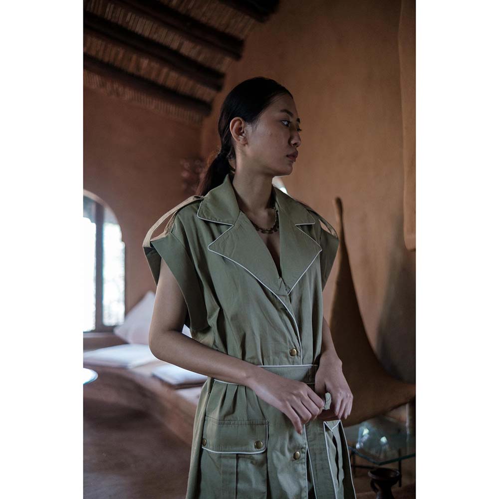 The Terra tribe Khaki Harajuku Trench Coat Dress with Belt (Set of 2)