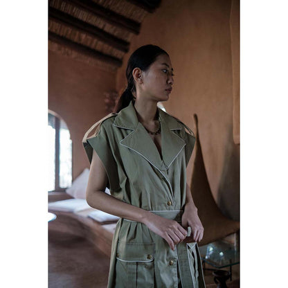 The Terra tribe Khaki Harajuku Trench Coat Dress with Belt (Set of 2)