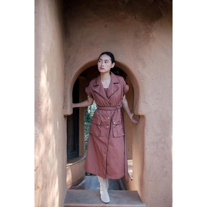 The Terra tribe Brown Harajuku Trench Coat Dress with Belt (Set of 2)
