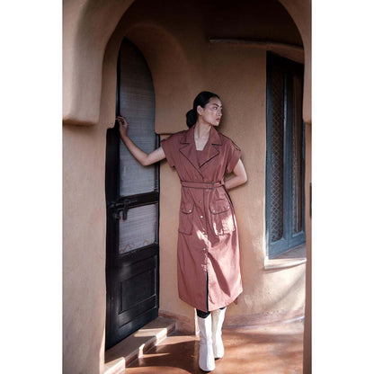 The Terra tribe Brown Harajuku Trench Coat Dress with Belt (Set of 2)