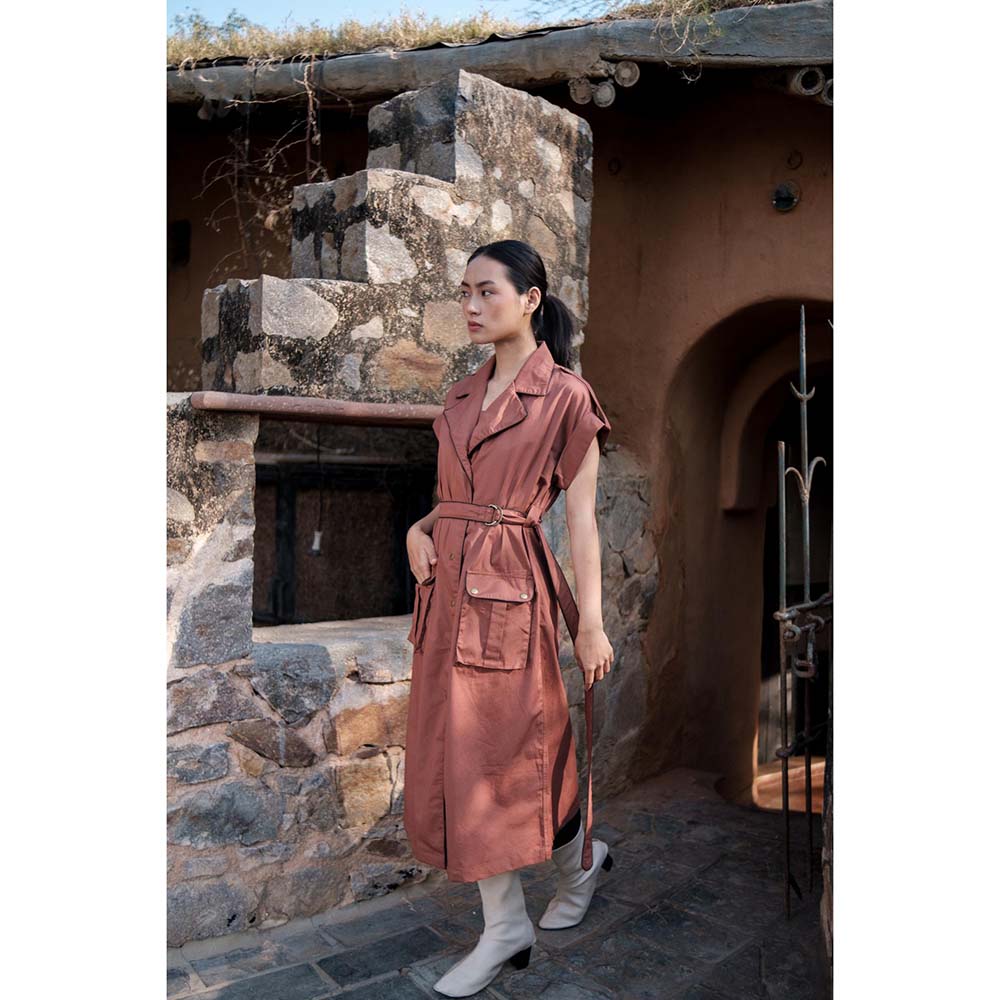 The Terra tribe Brown Harajuku Trench Coat Dress with Belt (Set of 2)