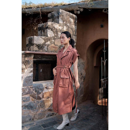 The Terra tribe Brown Harajuku Trench Coat Dress with Belt (Set of 2)