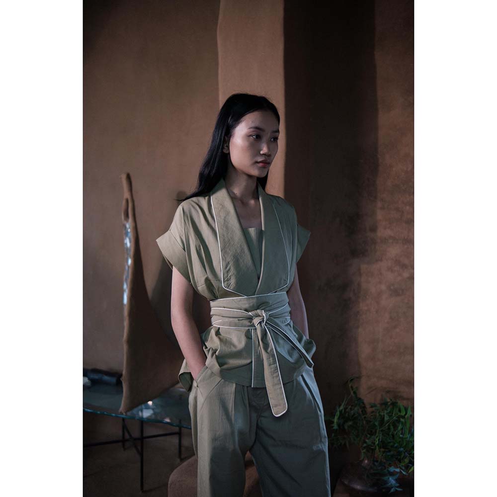 The Terra tribe Khaki Berlin Shawl Collar Jacket with Belt (Set of 2)