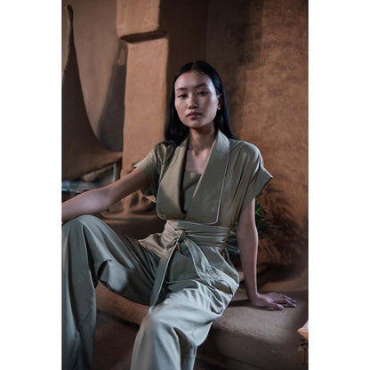 The Terra tribe Khaki Berlin Shawl Collar Jacket with Belt (Set of 2)