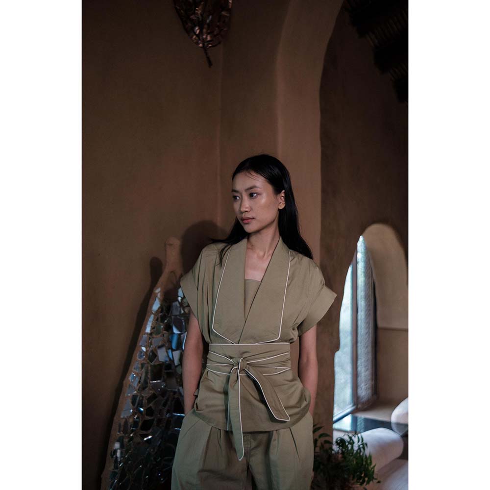 The Terra tribe Khaki Berlin Shawl Collar Jacket with Belt (Set of 2)