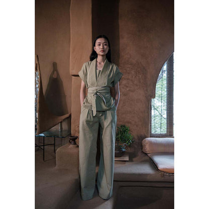 The Terra tribe Khaki Berlin Shawl Collar Jacket with Belt (Set of 2)