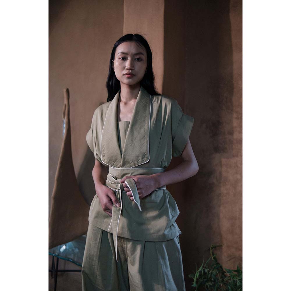 The Terra tribe Khaki Berlin Shawl Collar Jacket with Belt (Set of 2)