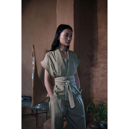 The Terra tribe Khaki Berlin Shawl Collar Jacket with Belt (Set of 2)