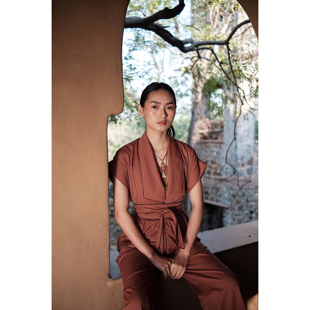 The Terra tribe Brown Berlin Shawl Collar Jacket with Belt (Set of 2)