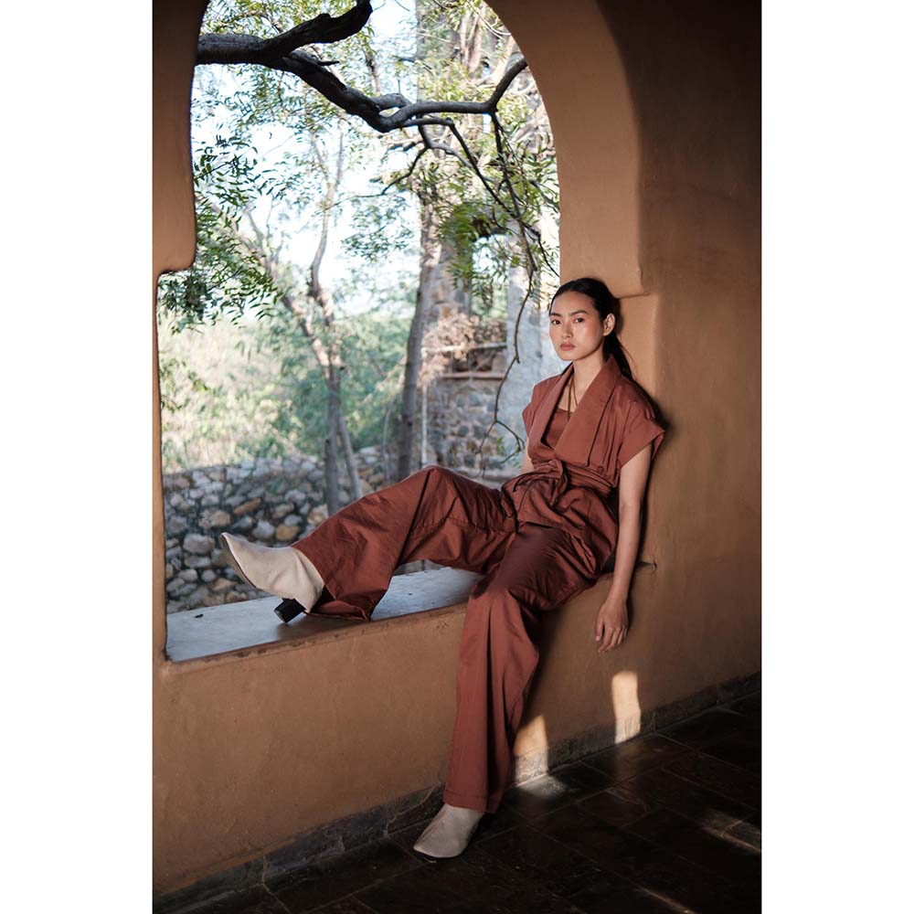 The Terra tribe Brown Berlin Shawl Collar Jacket with Belt (Set of 2)