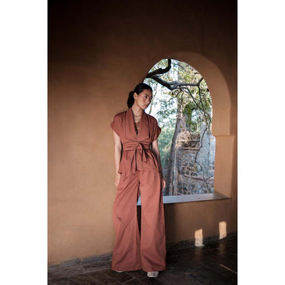 The Terra tribe Brown Berlin Shawl Collar Jacket with Belt (Set of 2)