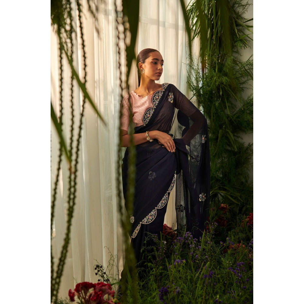Tilsim by Sagarika Mehrotra Navy Blue Bell Saree with Stitched Blouse