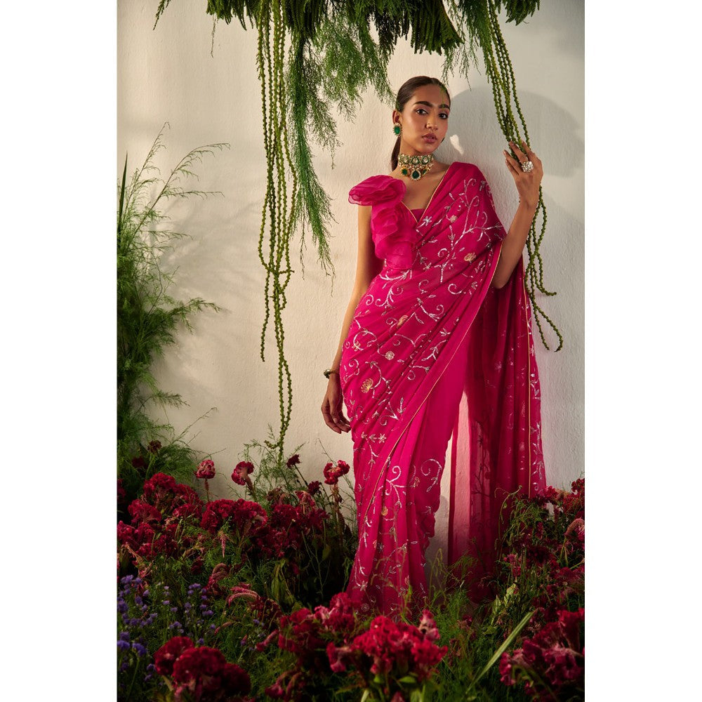 Tilsim by Sagarika Mehrotra Pink Ruby Hydrangea Saree with Stitched Blouse