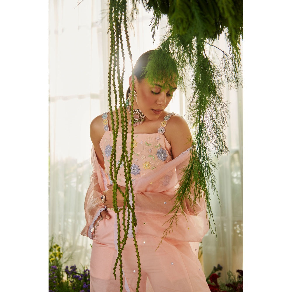 Tilsim by Sagarika Mehrotra Pink Gladiolus Crop Top with Palazzo and Shrug (Set of 3)