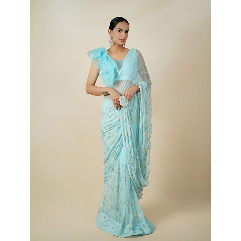 Tilsim by Sagarika Mehrotra Aqua-Marine Hydrangea Saree with Stitched Blouse