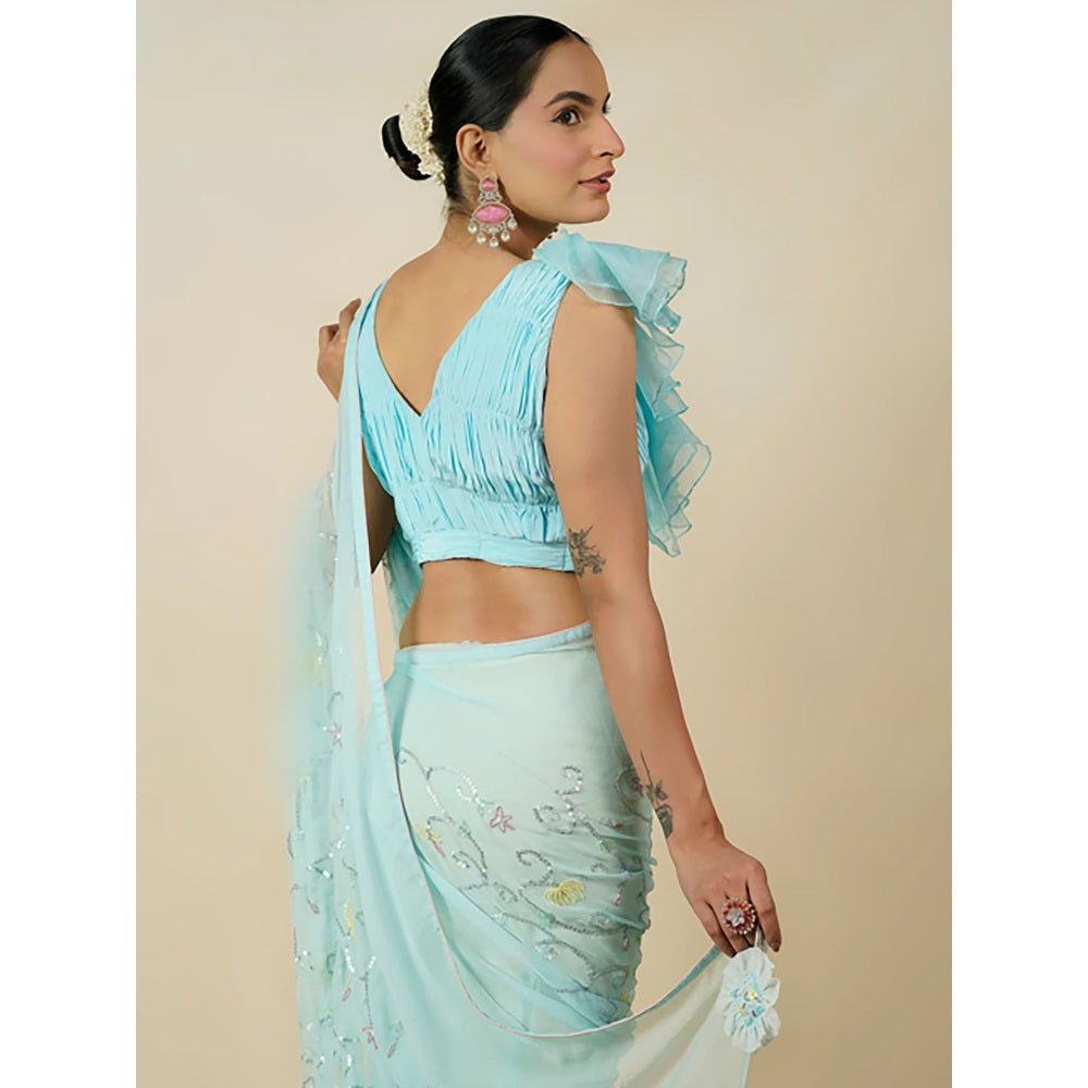 Tilsim by Sagarika Mehrotra Aqua-Marine Hydrangea Saree with Stitched Blouse