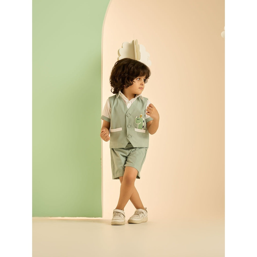 Tilsim by Sagarika Mehrotra Chirpy Dragon Waistcoat with Shirt and Shorts (Set of 3)