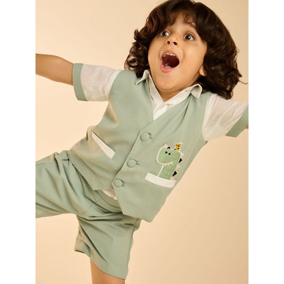 Tilsim by Sagarika Mehrotra Chirpy Dragon Waistcoat with Shirt and Shorts (Set of 3)