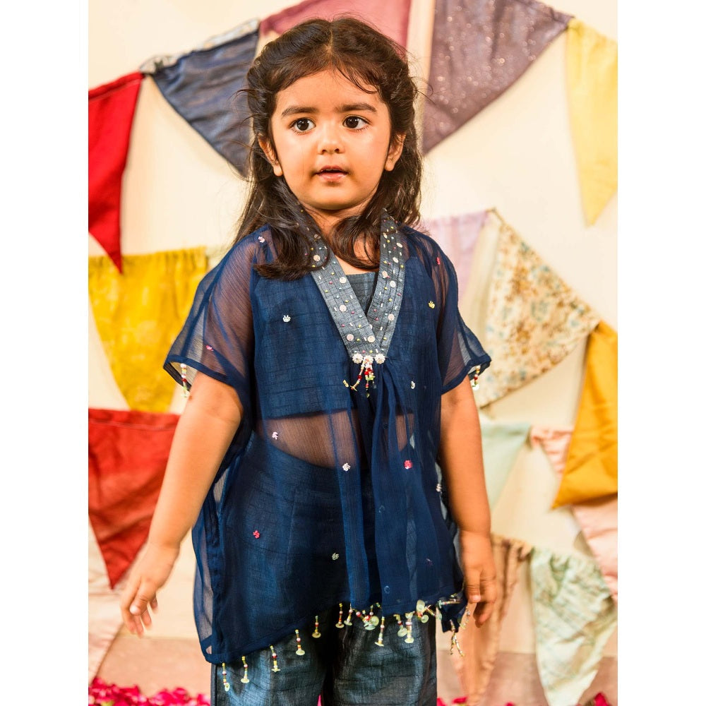 Tilsim by Sagarika Mehrotra Navy Blue Sparkle Kaftan Kurta with Pant & Slip (Set of 3)