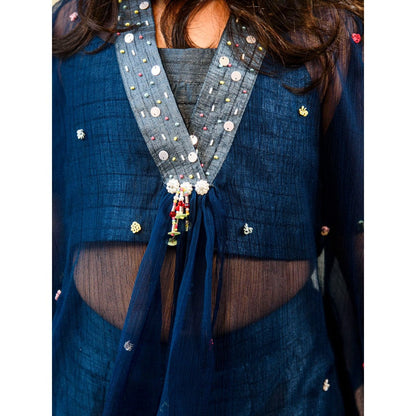 Tilsim by Sagarika Mehrotra Navy Blue Sparkle Kaftan Kurta with Pant & Slip (Set of 3)