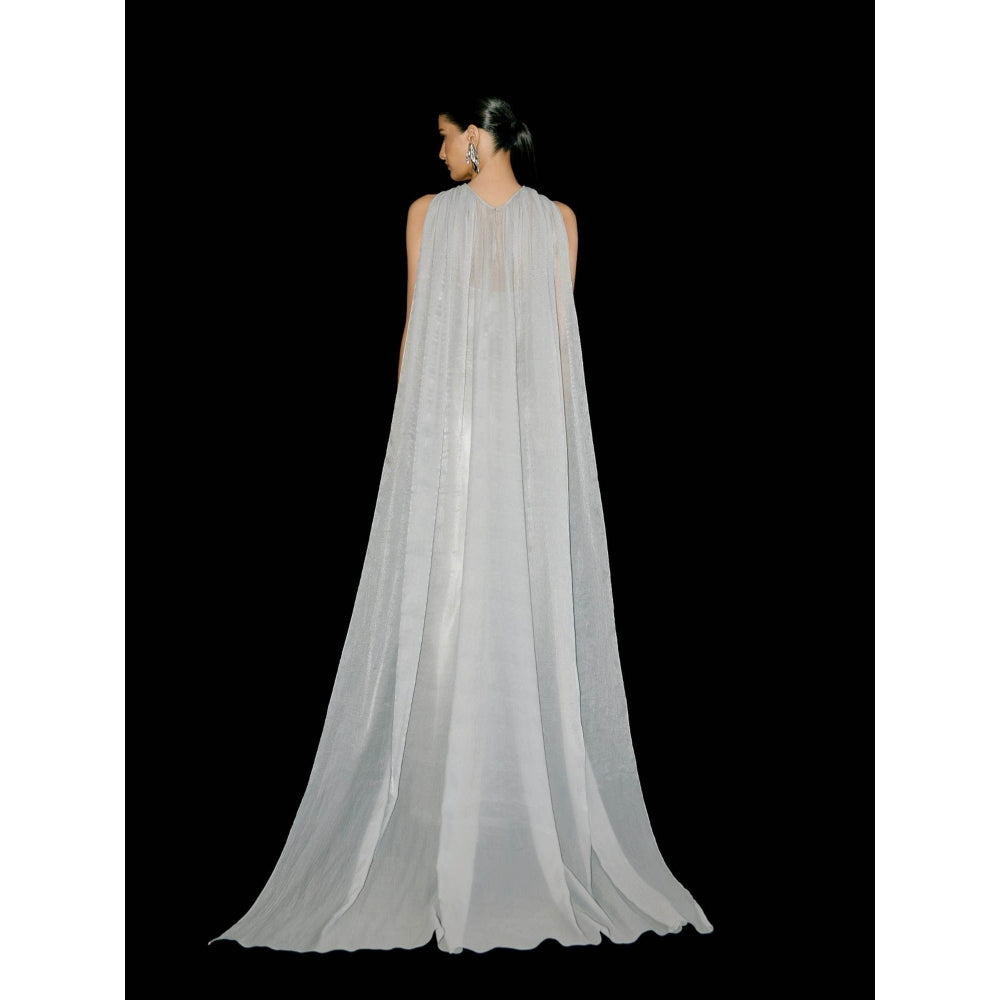 TISHARTH BY SHIVANI Silver Solid Draped Gown with Cape
