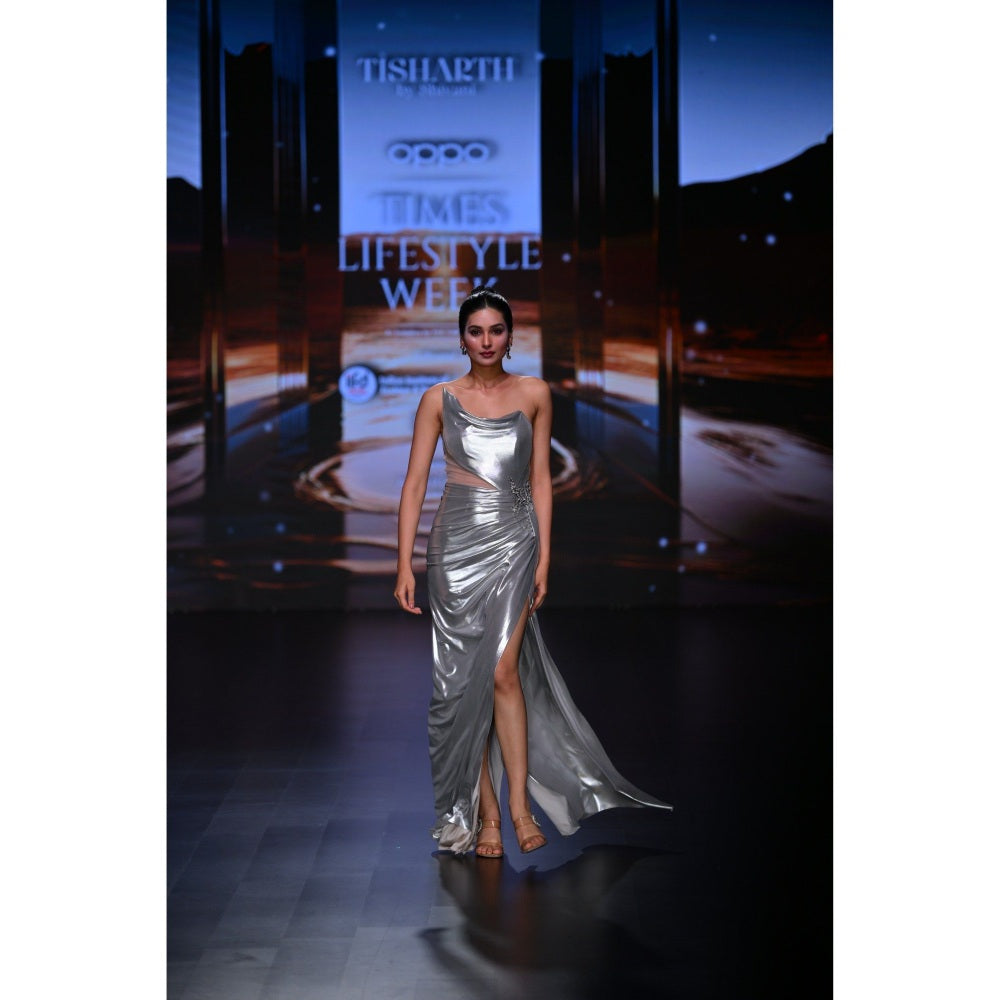 TISHARTH BY SHIVANI Silver Foil Lycra Draped Gown