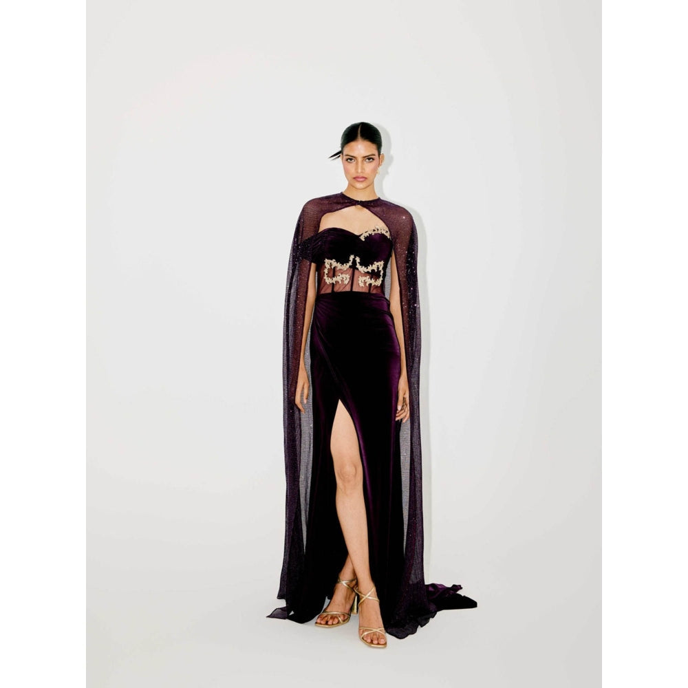 TISHARTH BY SHIVANI Purple Corset Gown with Sequenced Cape