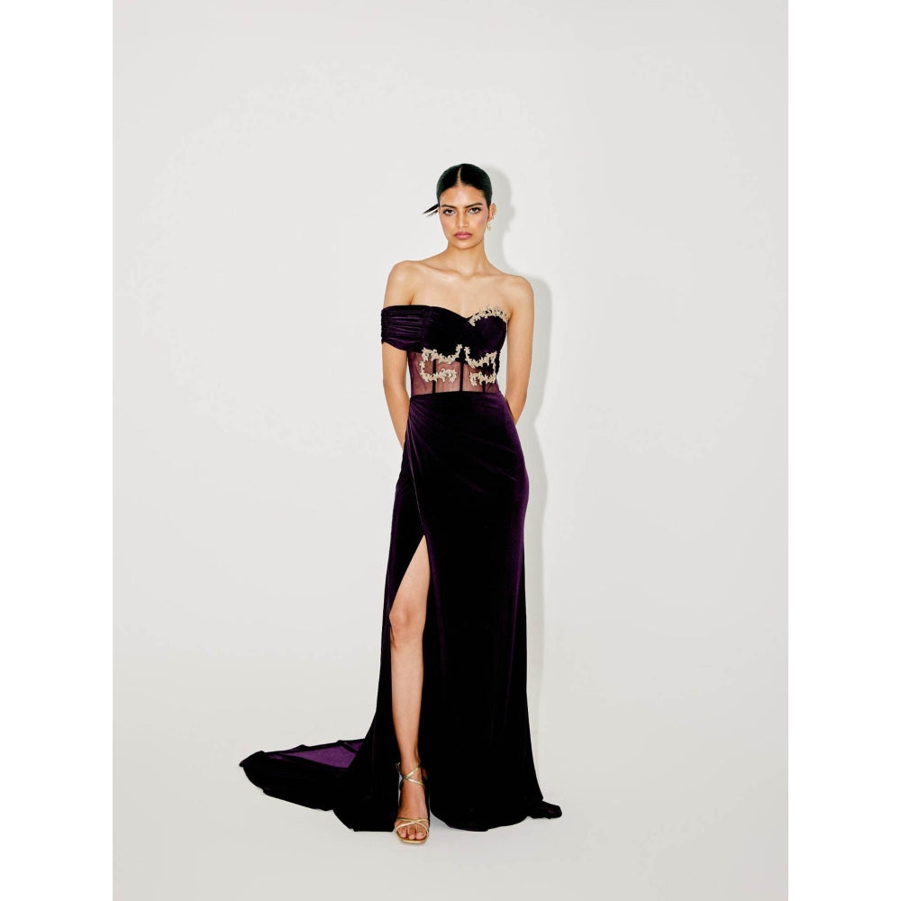 TISHARTH BY SHIVANI Purple Corset Gown with Sequenced Cape