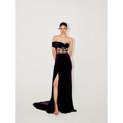 TISHARTH BY SHIVANI Purple Corset Gown with Sequenced Cape