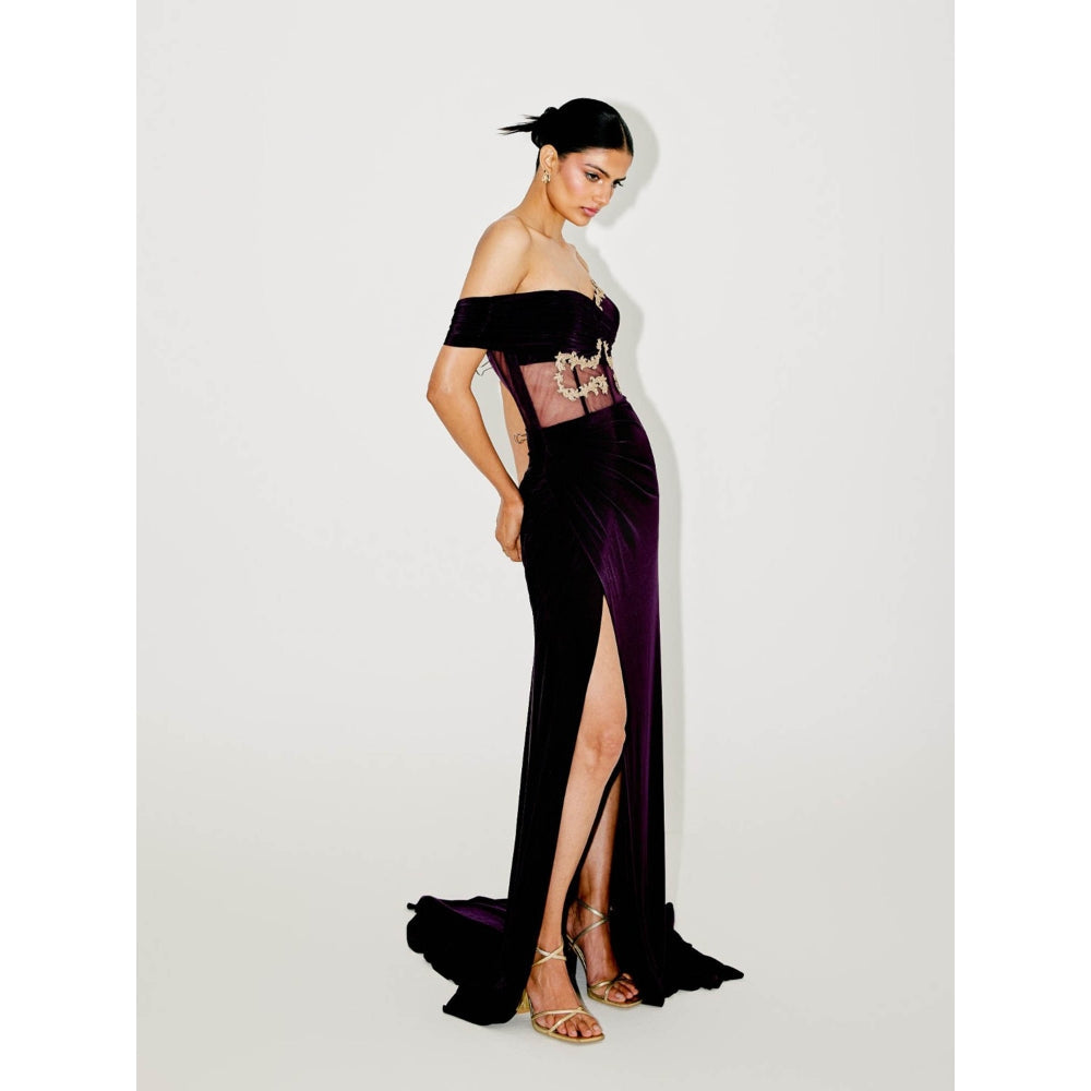 TISHARTH BY SHIVANI Purple Corset Gown with Sequenced Cape