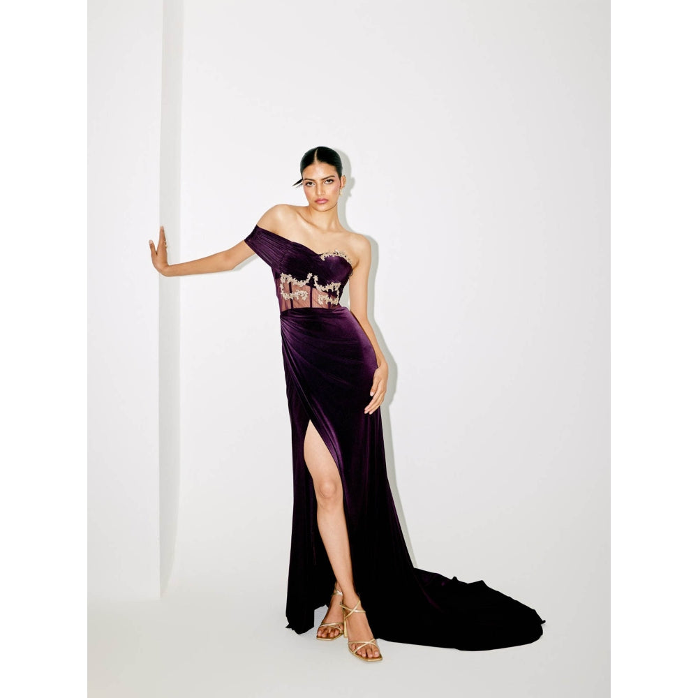 TISHARTH BY SHIVANI Purple Corset Gown with Sequenced Cape