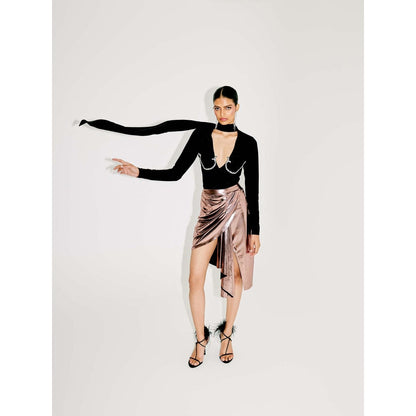 TISHARTH BY SHIVANI Black Plunge Neck Top with Draped Skirt