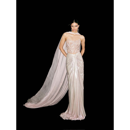 TISHARTH BY SHIVANI Rose Gold Corset Top with Draped Skirt and Stole