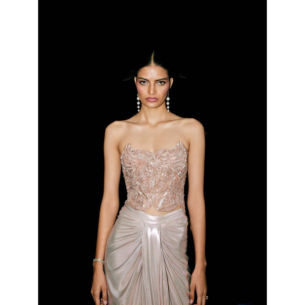 TISHARTH BY SHIVANI Rose Gold Corset Top with Draped Skirt and Stole