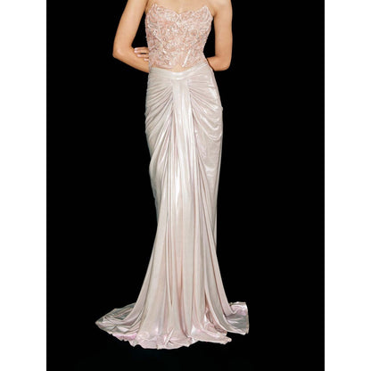 TISHARTH BY SHIVANI Rose Gold Corset Top with Draped Skirt and Stole